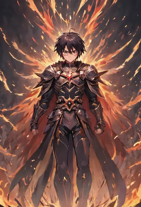 1guy,tall,handsome,bulky muscle, black hair, claymore, holding claymore, leather armor, iron armor,silver white cape. Red Magic circle above, hand raised above. Wind gust. Fire forms. Trees, pulling back from strong wind, red eyes, realistic quality. Tress...