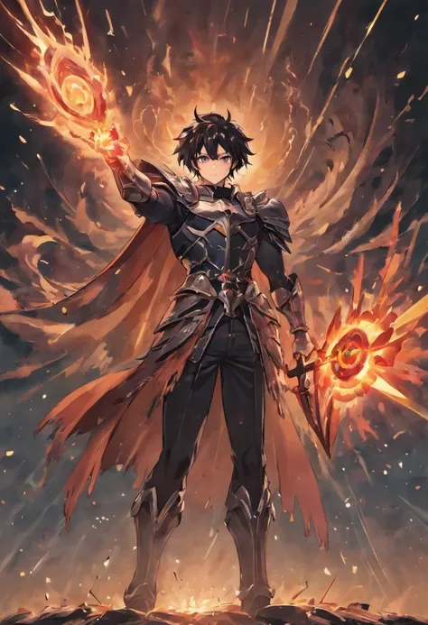 1guy,tall,handsome,bulky muscle, black hair, claymore, holding claymore, leather armor, iron armor,silver white cape. Red Magic circle above, hand raised above. Wind gust. Fire forms. Trees, pulling back from strong wind, red eyes, realistic quality. Tress...