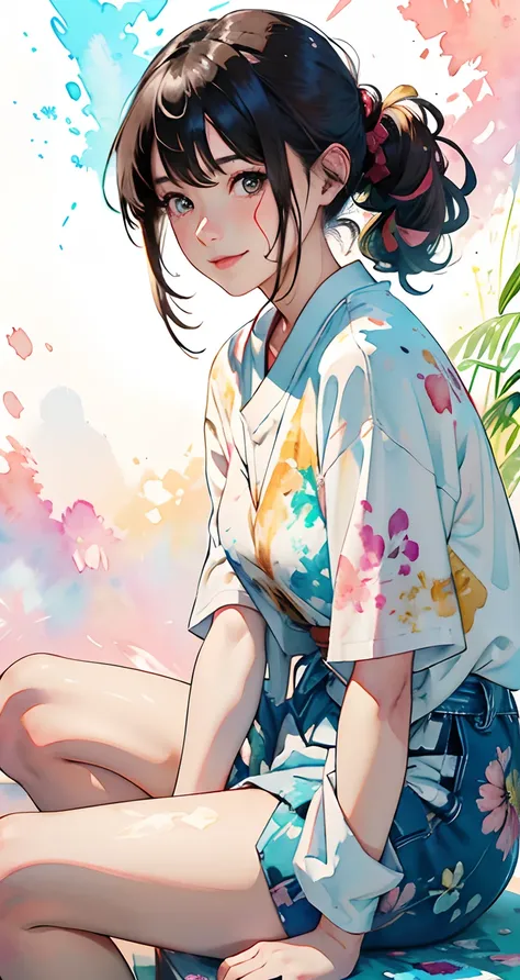 Hi-Res、​masterpiece、multi color hair、Soio、Female one、hi-school girl、sitting on、Plumeria painting with splatter background and spray paint effect, by Adam Hughes, Upper body center, Open eyes, Big happy smile, Watercolor art, Watercolor painting, watercolor...