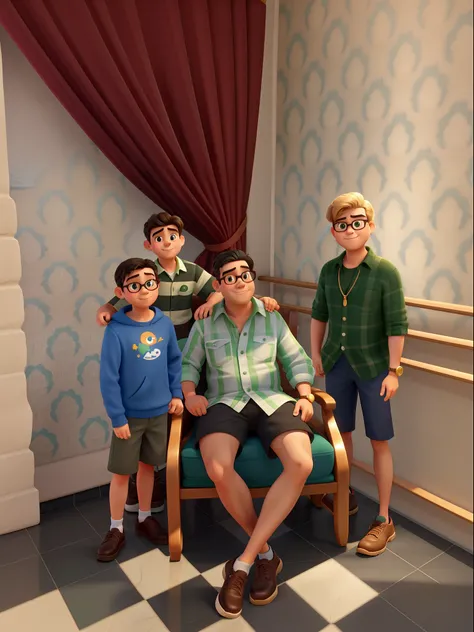 uma familia disney pixar, alta qualidade, Best quality photo of a father with his three children(meninos).The child standing to the right of the father , Its the only one who wears a round pair of glasses, the rest dont wear glasses,o do lado esquerdo, and...