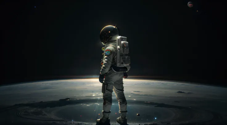 astronaut in space suit standing on a planet with a view of saturn, concept art inspired by Beeple, cgsociety contest winner, space art, 4k highly detailed digital art, beeple and tim hildebrandt, beeple masterpiece, beeple artwork, 8k stunning artwork, be...