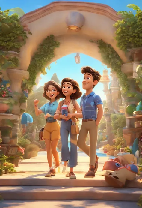 Cartoon of friends having fun on vacation together,  3D Animation Movie Poster, Poster de filme animado, pixar 3 d animation style, pixar renderman rendering, maia 8 mil, animated film, Disney Pixar Estilo 3D, amigos felizes saem juntos, all wearing light ...