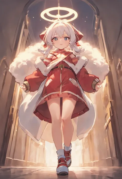 The Santa Claus with a big white bag on his back,chibi anime character,simple flat background, full body, standing, highly detailed face and eyes, clearly outlined, solo,smile