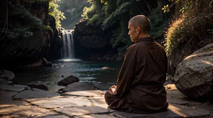 An old monk sits on a large rock，Extremely old monk，（Pray in a lotus pose），Buddhist monk meditation, On the road to enlightenment, Man has a deep connection with God, Zen meditation,brown robe，(Rear view)，from back，rear angle，Big light，Buddhism，Beautiful i...