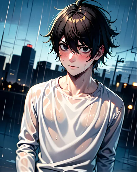 (masterpiece,best quality, detailed), 1boy, male focus, outdoors, upper body, rain, cloudy sky, cityscape, l lawliet, white shirt, wet shirt, wet clothes, wet, wet hair, jeans, wide-eyed, long sleeves, serious, closed mouth