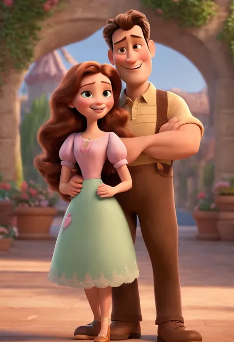 Disney Pixar characters showing a white-skinned family. The father is the tallest. The mother has brown eyes and hair, na altura dos ombros. The girl is 1 years old and has brown hair with hearts, roupa rosa. 3D-rendering