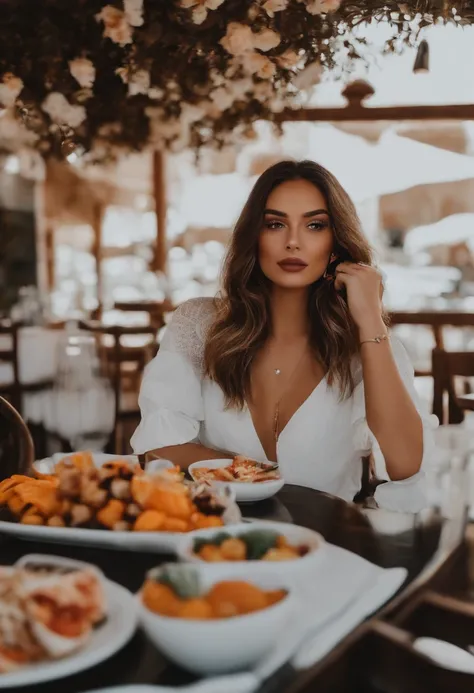 Influenciador branco realista do Instagram, best quality, loiro, 1 menina, olhos azuis, com amigos no restaurante, come salada