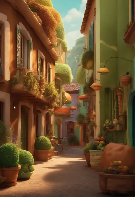 Desenho em estilo 3D da Pixar de uma sorveteria com o nome LasPaletas Brasil,  com cores verde, marrom e creme no centro da cidade.