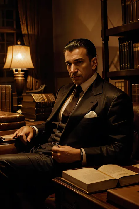 Depict a lavish, dimly lit study with leather-bound books, fine cigars, and a mafia boss sitting behind a massive desk, exuding power and authority.