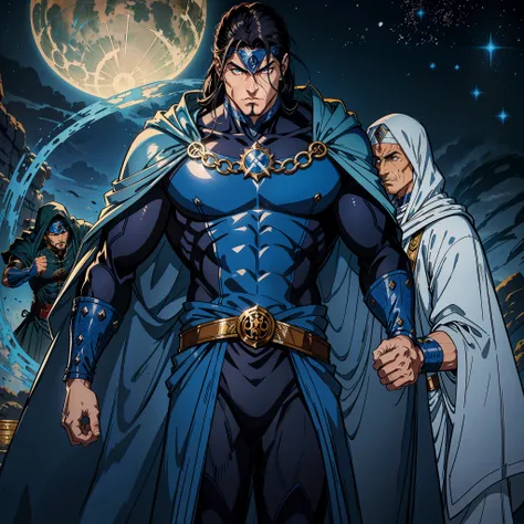 Seigneur arabe marocain muscular hokuto no ken Dracula moroccan warrior Armor Wear Muscle, intrépide, Effrayant bel homme menant une armée de djinns 10 djinns démoniaques autour de lui Atmosphère de bataille de guerre