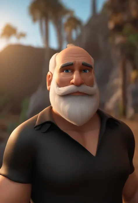 personagem dos desenhos animados de um homem com barba, gordinho, cabelos, barba e olhos castanhos, boca e nariz pequeno, wearing black t-shirt with Santa Media written, animation character, animation style rendering, 3D estilizado, Arnold Maya render, 3 d...