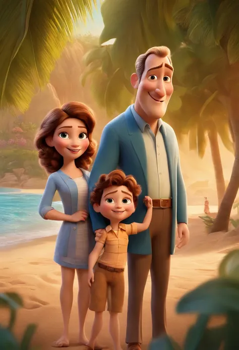 a Disney Pixar movie poster showing a white-skinned family. The father is the tallest, is bald. The mother has brown eyes and hair. O menino tem 3 anos. The background is a beach garden. 3D-rendering