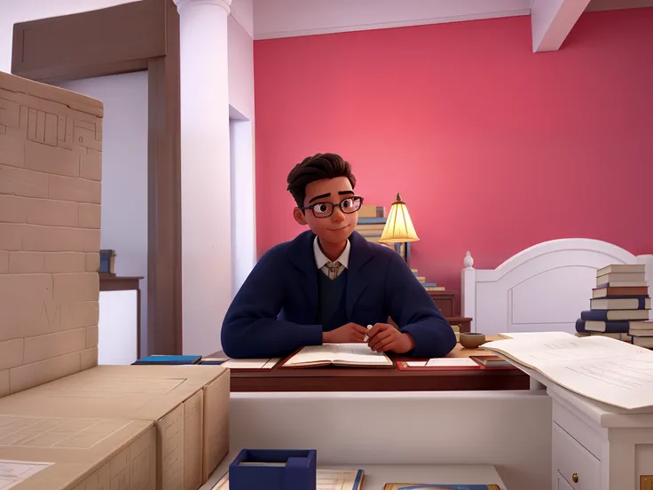 Young historian at his desk checking books and writing about ancient history. On the table is a lamp and in the background his library. Mudar o fundo da imagem original por biblioteca elegante.