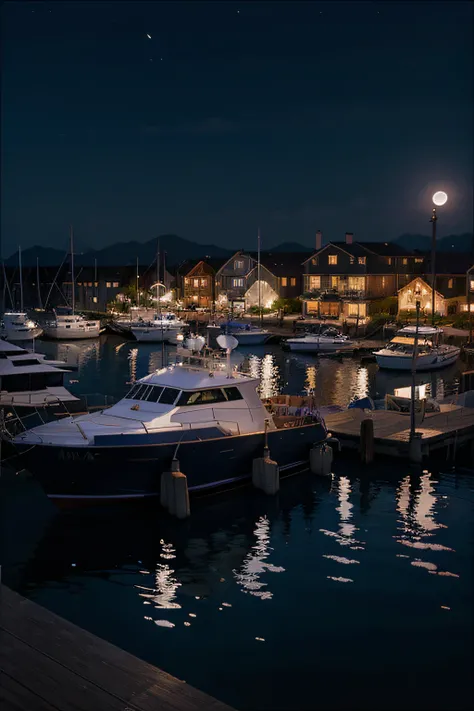 A moonlit harbor rendezvous with the mafia, boats docked along the pier, moonlight reflecting on the water, secretive whispers among the members, eerie calmness, Illustration, watercolor painting, --ar 16:9 --v 5