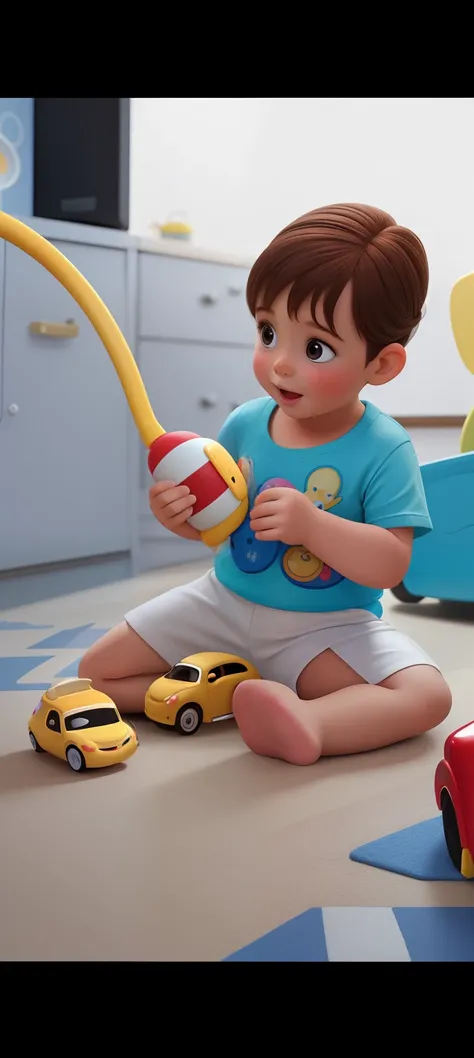 De pele clara, Brown-haired baby playing on the floor with her Disney pixar style rubber car