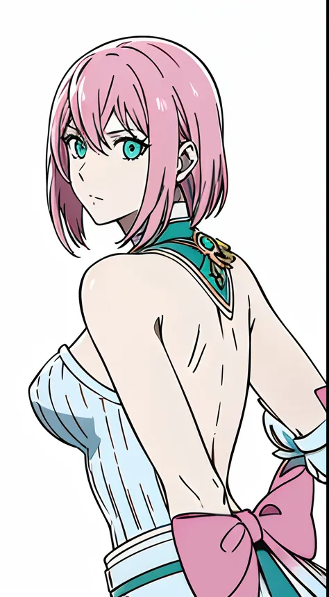 Éclair Farron Valentine (final fantasy XIII), 21 years old, neutral expression on the face, aqua eye color, big pink hair, {centered image}, white background, {arms back without showing hands}, {4k image}, 1girl (solo)