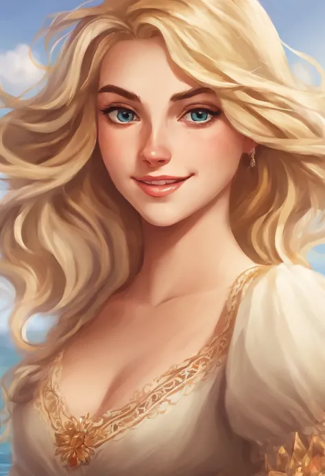 Image of a beautiful German woman, 30 Jahre, Deutsche, brown eyes, most beautiful smile in the world, sweet, wavy dark blonde hair with blonde highlights for a story in a YouTube video in Pixar format, Sie ist Deutschlehrerin und liebt das Reisen