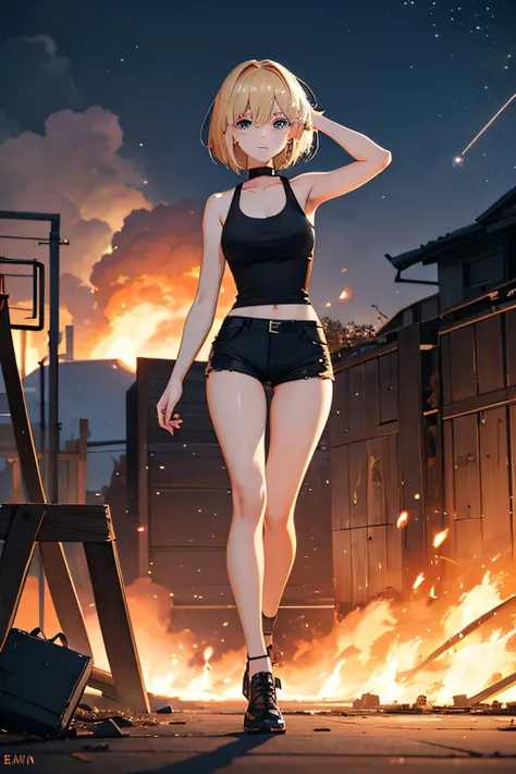 during night、Explosions and flames at an airbase、fence、Exploding buildings、Showing her buttocks and turning around、cute blonde girl、cute  face、elegant sleek smooth body、full body Esbian、Short bob hair、a blond、blue eyes、Black tank top、sexy black shorts、Wear...