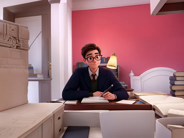 Young white historian with round glasses at his desk checking books and writing with fountain pen about ancient history. On the table is a lamp and in the background his library.