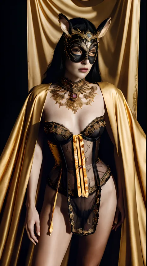 (Centerpiece : 1.2), Retro Mysterious, of mesmerizing beauty, cheveux blancs,Colorful Detailed Golden Rabbit Mask Jewelry, longue cape transparent fluide, gold-embroidered designs, plumes, soie, Drape, petite Lingerie Etam Corset , bonbons, dimly lit, Mood...