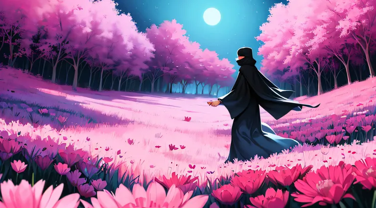 a disney cartoon anime pixar style best quality silhouette (((one muslim woman))) with a (((long jilbab niqab))) (((walking away))) on the right side wearing a dark purple jilbab and looking down head away pink flowers on ground best quality ever, inspired...