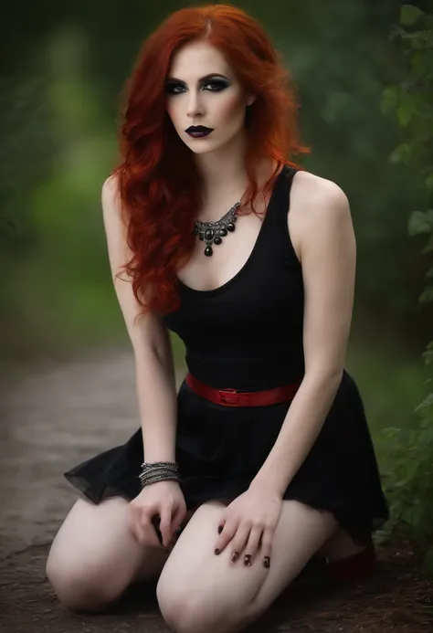 Sexually suggestive vamp redhead girl with black make-up wearing a short skirt and tank top, kneeling