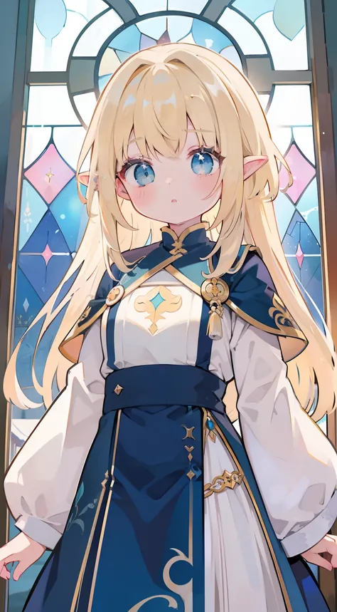 One girl、a blond、、cute little、small tits、Elven ears、​masterpiece、top-quality、Top image quality,chies、stain glass,aureole,Cultivated woman,Monastic uniforms,Saint a girl