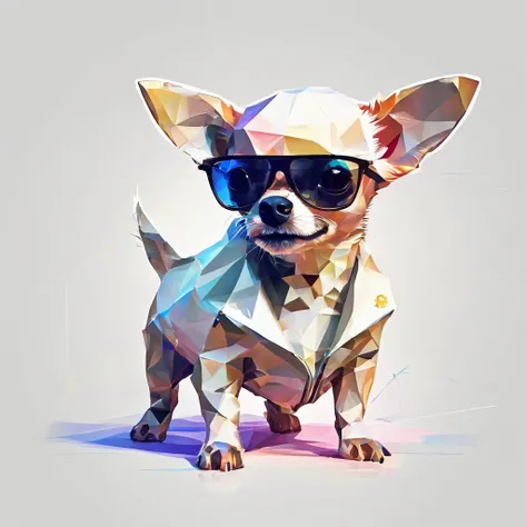 Perfect alignment, Cute chihuahua wearing a jacket，crystal vases，Rose flower, Wearing sunglasses, cheerfulness, Standing position, Abstract beauty, Centered, Looking at the camera, Facing the camera, nearing perfection, Dynamic, Highly detailed, smooth, Sh...