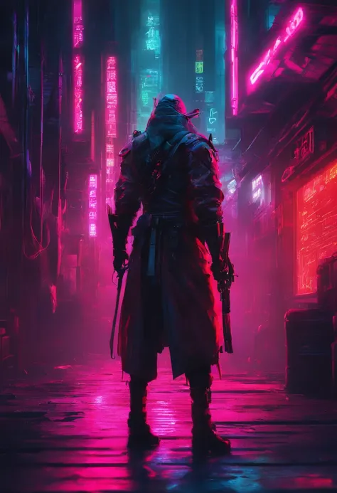 In a neon-drenched alley of a cyberpunk city, A lone cybersamurai stands under flashing holographic signs. Its crimson cyberware shines, and a holographic katana hums with energy as they prepare for a duel with an unseen adversary