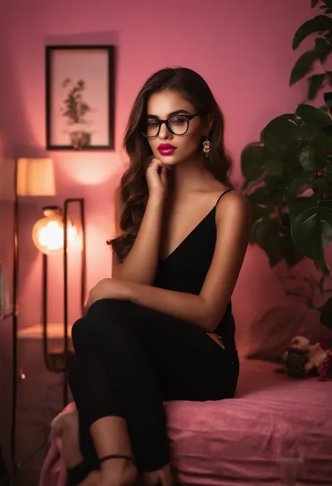 18 year old girl in her room by night wearing a black top brown hair big glossypink lips wearing glasses