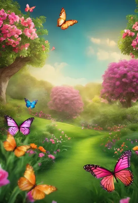 enchanted garden background, butterflies of different sizes and colors flying, small birds, green grass with a variety of flowers and colors, turning towards pink. Cheerful, inviting, delicate, 3d cartoon style image