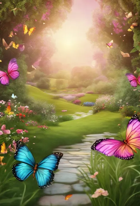 enchanted garden background, butterflies of different sizes and colors flying, small birds, green grass with a variety of flowers and colors, turning towards pink. Cheerful, inviting, delicate, 3d cartoon style image