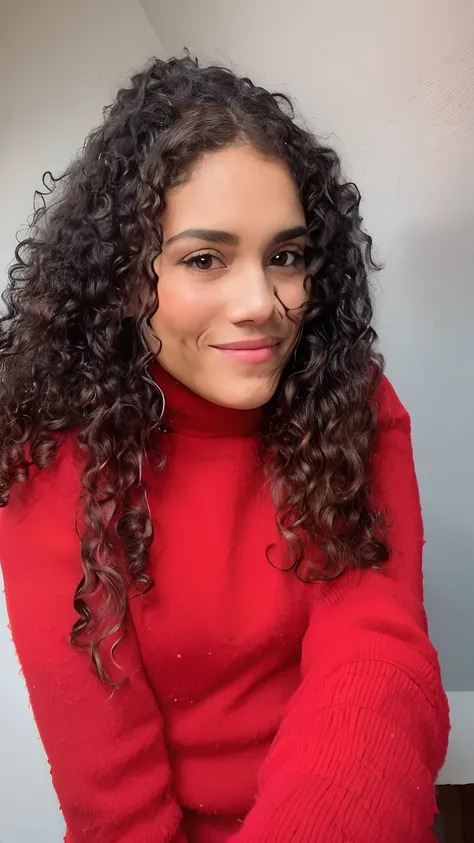 There is a woman with curly hair sitting in a chair, foto de perfil headshot, wearing a red turtleneck sweater, imagem de perfil, foto do perfil, cabelos cacheados, Alanis Guillen, Malika Favre, com cacheado longo, cabelo encaracolado preto, longos cabelos...