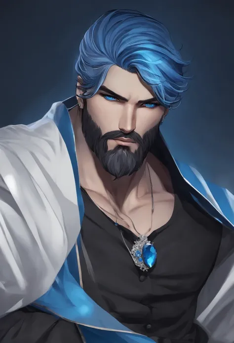 Estilo anime + homem + cabelos pretos e longos + olhos azuis + franja no olho esquerdo + barba rala + terno social preto com colete azul + cristal azul com asas de borboleta na gola