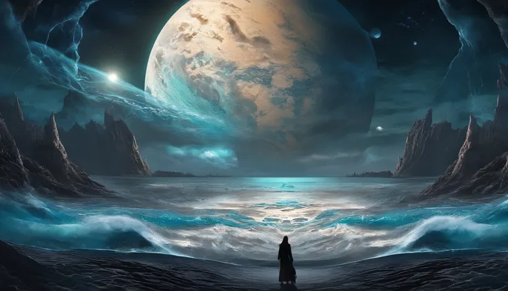 huge planet, the night, starrysky, surrealism, masutepiece, hight resolution、Impressive Milky Way:1.9、sand beach、Vast blue ocean、Blue Waves、Blue glacier、lightning bolt:1.9、Protoplanets、pure beauty