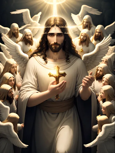 Jesus Christ illuminated in heaven surrounded by many angels , imagem realista em 4k