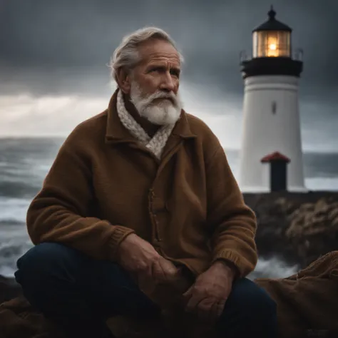 face portrait of an rugged (old fisherman:1.3), (face focus:1.5), (storm:1.2), (waves:1.3), ocean, (lighthouse background:1.3), (cowboy shot:1.4), (white turtleneck knitted sweater:1.3), looking at viewer, realistic, masterpiece, highest quality, backlight...