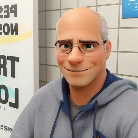 quero um desenho de um homem 30 anos  sorrindo, sem cabelo e oculos quadrado. Olhos verdes disney. 3d