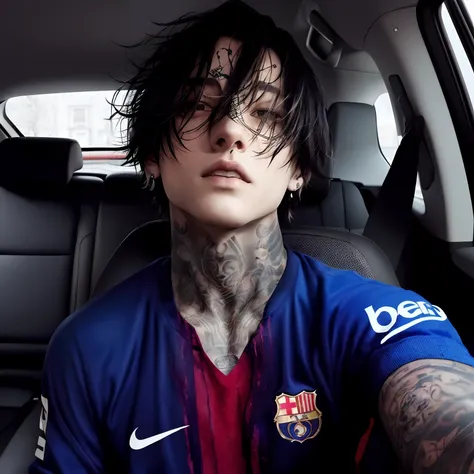 Man with tattoos on arm sitting in a car, Estilo de Seb McKinnon, Jungkook, androgynous, androgynous person, Marco Lense, C, vestindo uma blusa do Real Madrid, androgynous face, menino tem cabelo preto curto, cara emo bonito, Jungkook