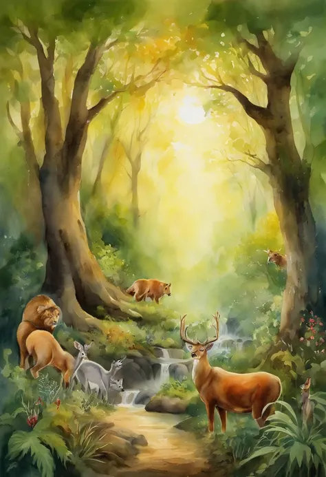 A beautiful forest with lush trees, Animals of all kinds and a magical clearing in the center, Where the animals gather. The sun shines softly over the scenery.