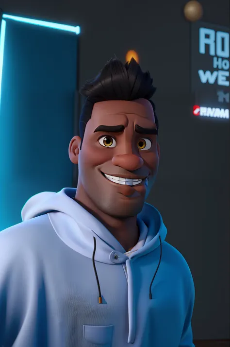 Um homem negro, cabelos pretos e curtos, estilo disney pixar, alta qualidade, melhor qualidade