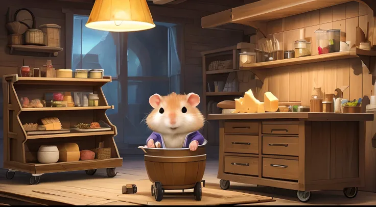 Create an image of a realistic hamster named Chika dressed in appropriate attire, working on a cheese-powered cart placed on a workbench. The scene should have a slightly comical puppet-show-like aesthetic with whimsical objects and a playful background th...