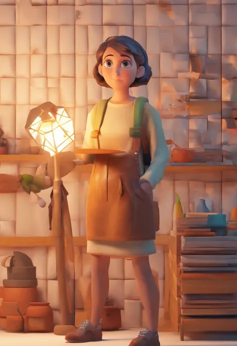 A young craftswoman standing in front, illuminated by the light of a lamp, contra o pano de fundo de uma prateleira cheio de canecas personalizadas