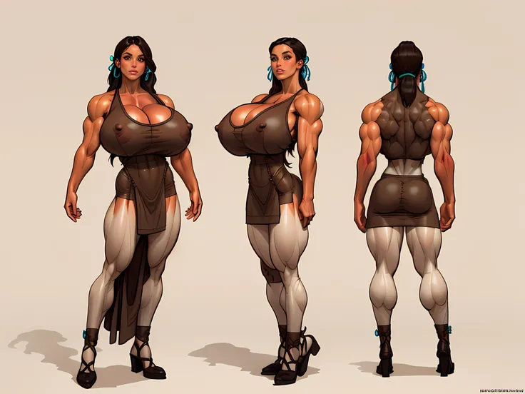 ((masterpiece)),(((best quality))),((character design sheet)), ((full body view)) ((native american girl)) mature face, defined cheekbones, high cheekbones, illustration, native girl, muscular, ((buckskins:1.4)), sexy bimbo, (gigantic breasts:1.7) black ha...