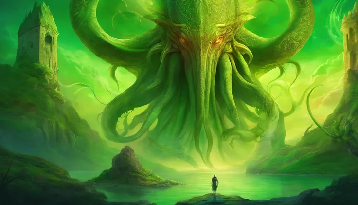 Cthulhu, hp lovecraft, green, Fondo de pantalla, UHD, 4k, 8k, HDR, Fantasy Art, hyperrealistic d & d fantasy art, symmetrical spectacular fantasy art,