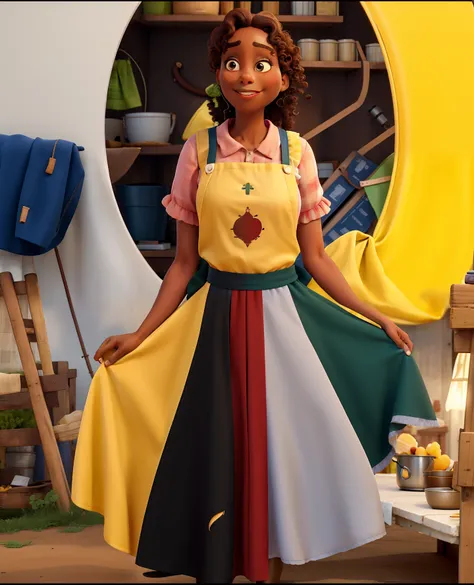 Lady in an apron in the colors of the plan of salvation with curly hair bow tie storytelling brown skin