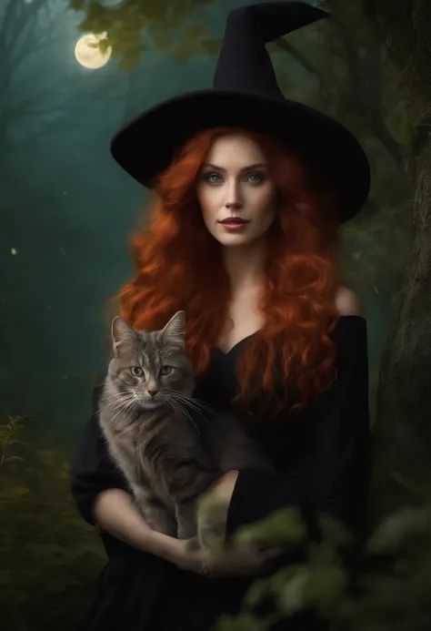 A witch with red hair, wearing a witch hat, and her cat by her side, in front of a house in the forest.
(best quality,4k,8k,highres,masterpiece:1.2),ultra-detailed,(realistic,photorealistic,photo-realistic:1.37), witch, red hair, witch hat, cat, house, for...