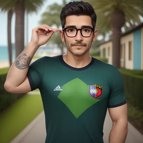 Homem de 35 anos de idade, moreno, wearing prescription glasses,cabelos curtos e com a cor preta, usando uma camisa do time Sport recife, tento uma paisagem verde como plano de fundo, no estilo Pixar.