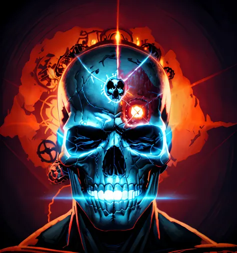 skull with glowing eyes and a glowing face with gears in the background, glowing red skull, of spiked gears of war skulls, fiery skull contemplating life, red skull, nose of red skull, terminator art, skull liminal void background, detailed glowing head, m...