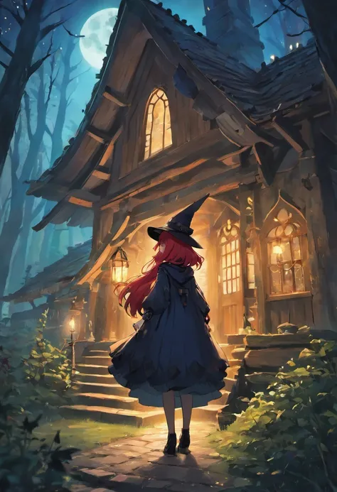 A witch with red hair, wearing a witch hat, and her cat by her side, in front of a house in the forest. (best quality,4k,8k,highres,masterpiece:1.2),ultra-detailed,(realistic,photorealistic,photo-realistic:1.37), witch, red hair, witch hat, cat, house, for...